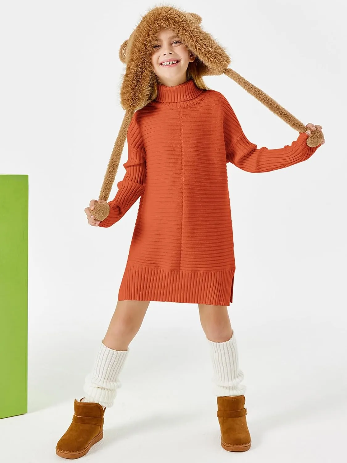 Haloumoning Kids Girls Turtleneck Tunic Sweaters Dress Oversized Long Sleeve Knit Chunky Pullover Jumper with Slit 5-14T