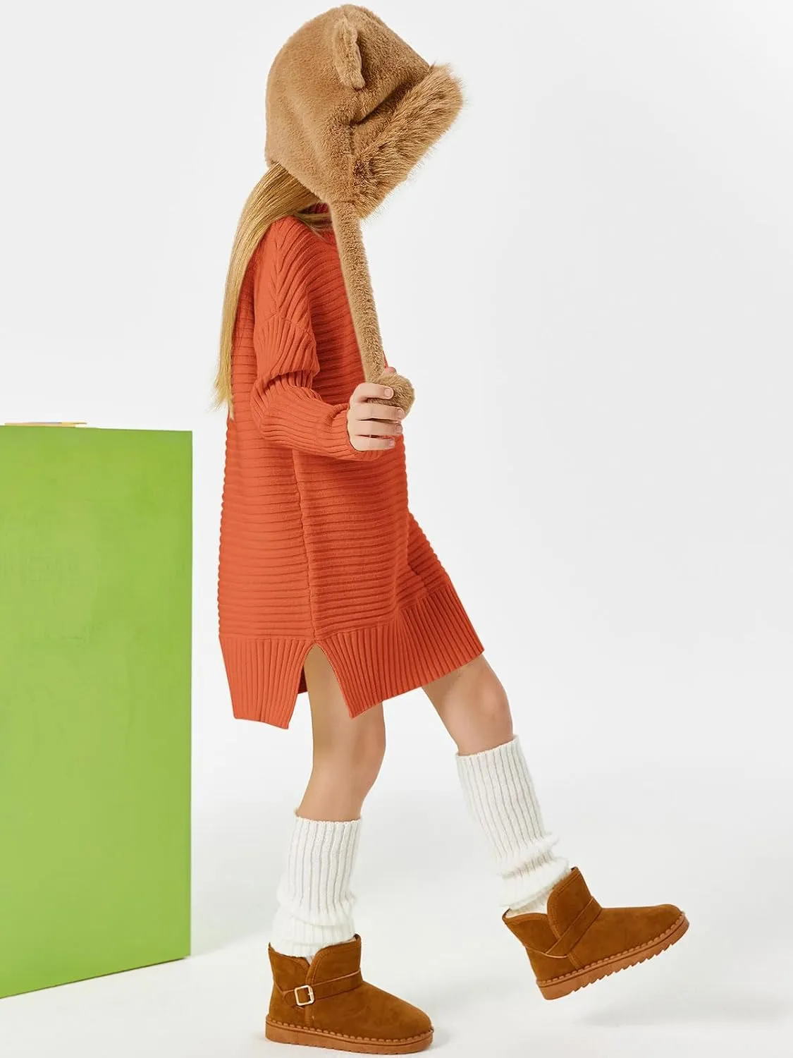 Haloumoning Kids Girls Turtleneck Tunic Sweaters Dress Oversized Long Sleeve Knit Chunky Pullover Jumper with Slit 5-14T