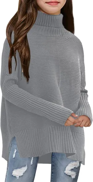Haloumoning Kids Girls Turtleneck Tunic Sweaters Dress Oversized Long Sleeve Knit Chunky Pullover Jumper with Slit 5-14T