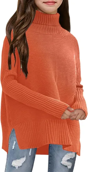 Haloumoning Kids Girls Turtleneck Tunic Sweaters Dress Oversized Long Sleeve Knit Chunky Pullover Jumper with Slit 5-14T