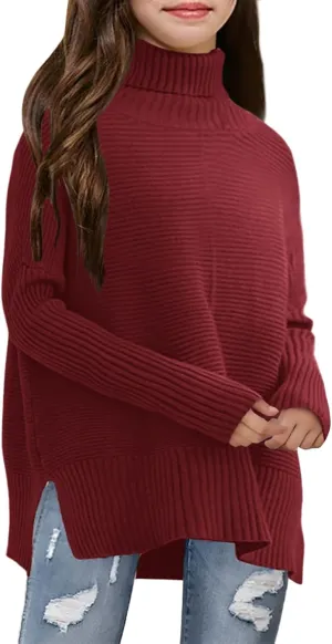 Haloumoning Kids Girls Turtleneck Tunic Sweaters Dress Oversized Long Sleeve Knit Chunky Pullover Jumper with Slit 5-14T