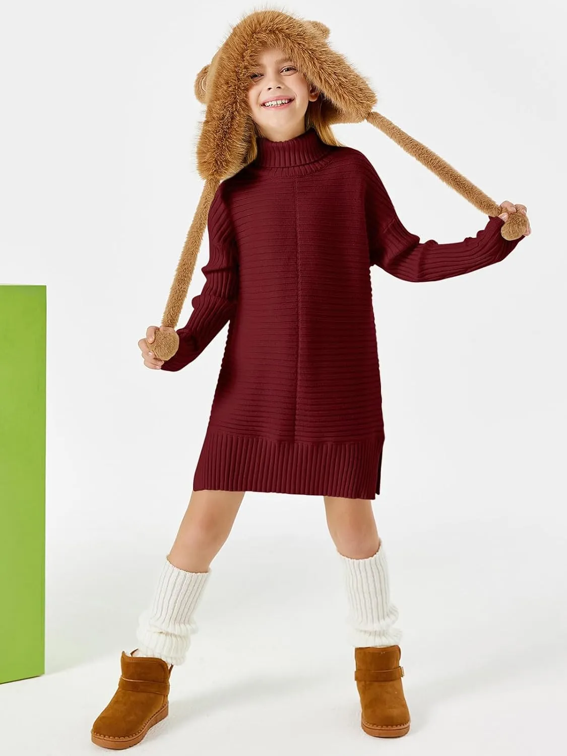 Haloumoning Kids Girls Turtleneck Tunic Sweaters Dress Oversized Long Sleeve Knit Chunky Pullover Jumper with Slit 5-14T
