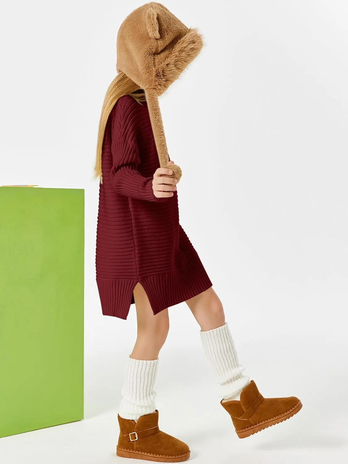 Haloumoning Kids Girls Turtleneck Tunic Sweaters Dress Oversized Long Sleeve Knit Chunky Pullover Jumper with Slit 5-14T