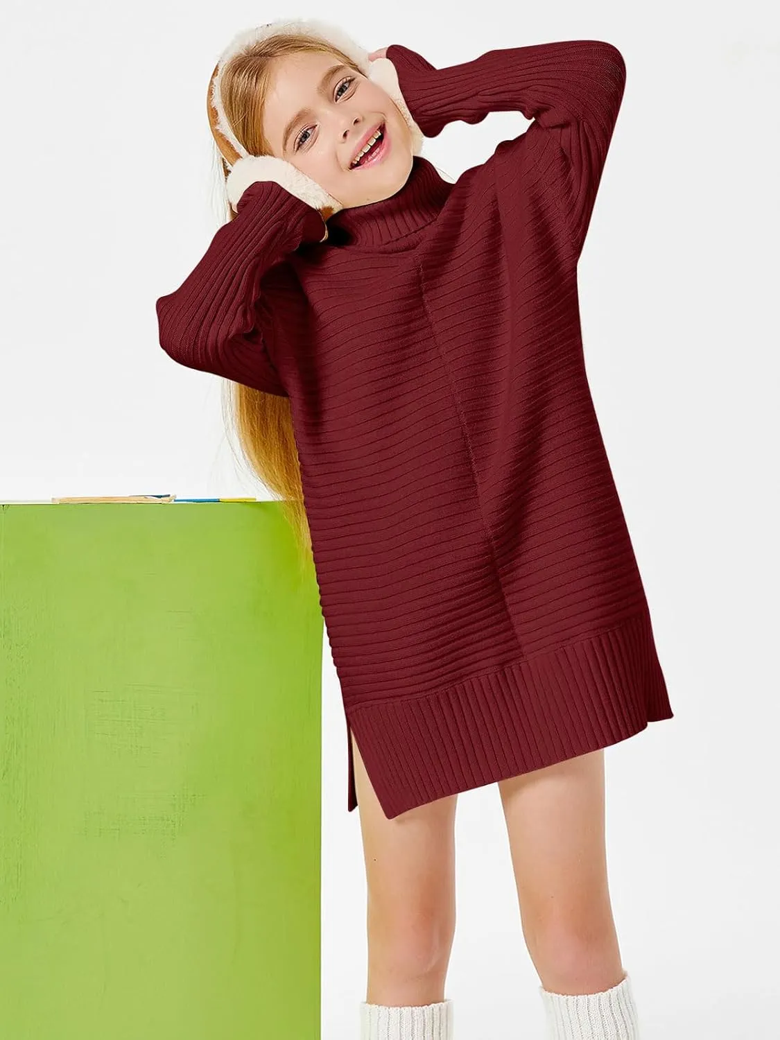 Haloumoning Kids Girls Turtleneck Tunic Sweaters Dress Oversized Long Sleeve Knit Chunky Pullover Jumper with Slit 5-14T