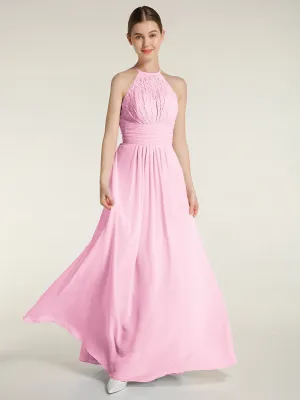 Halter Chiffon And Lace Long Dresses Candy Pink Plus Size