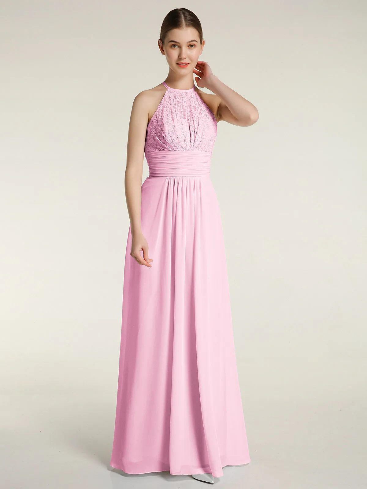 Halter Chiffon And Lace Long Dresses Candy Pink Plus Size