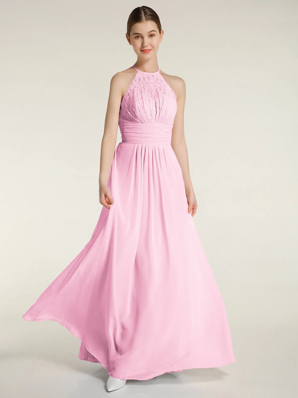Halter Chiffon And Lace Long Dresses Candy Pink Plus Size