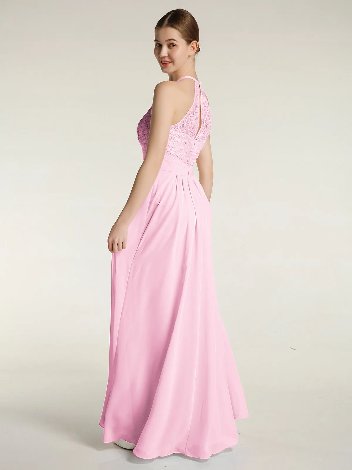 Halter Chiffon And Lace Long Dresses Candy Pink Plus Size