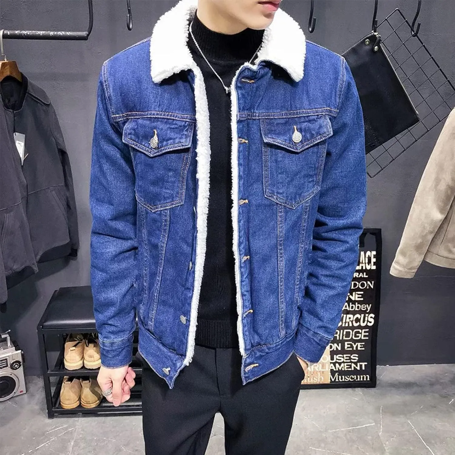 HangNiFang Men's Fleece Jean Jacket Winter Sherpa Fleece Lined Denim Trucker Jacket