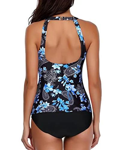 High Neck Halter Tankini Set With Shorts-Black Floral