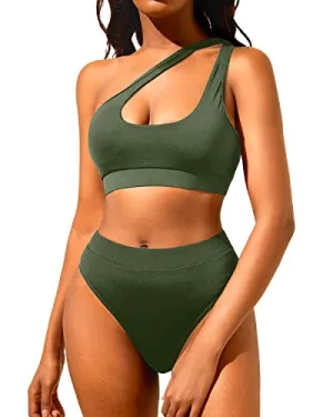 High Waisted Bikini Set Women's One Shoulder Cut Out Bathing Suit