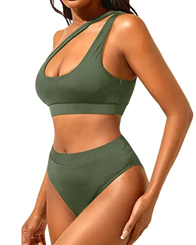 High Waisted Bikini Set Women's One Shoulder Cut Out Bathing Suit