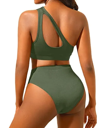 High Waisted Bikini Set Women's One Shoulder Cut Out Bathing Suit