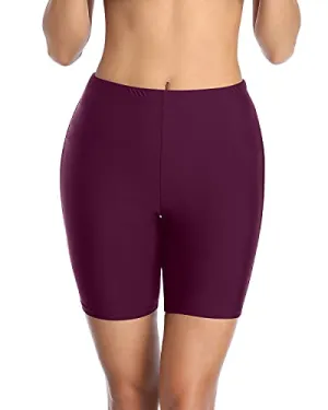 High Waisted Swim Shorts For Women Tummy Control & Long Board Shorts-Maroon