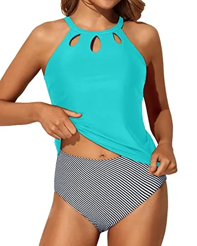 High Waisted Tummy Control Halter Tankini Set For Women-Aqua Stripe