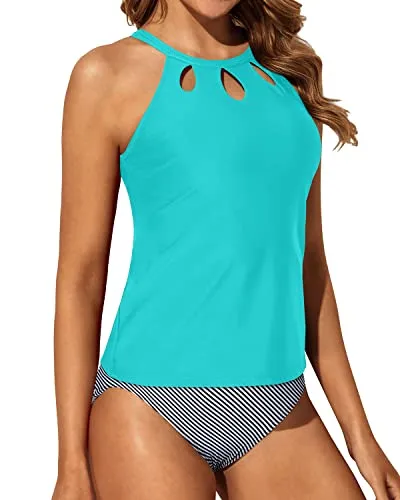High Waisted Tummy Control Halter Tankini Set For Women-Aqua Stripe