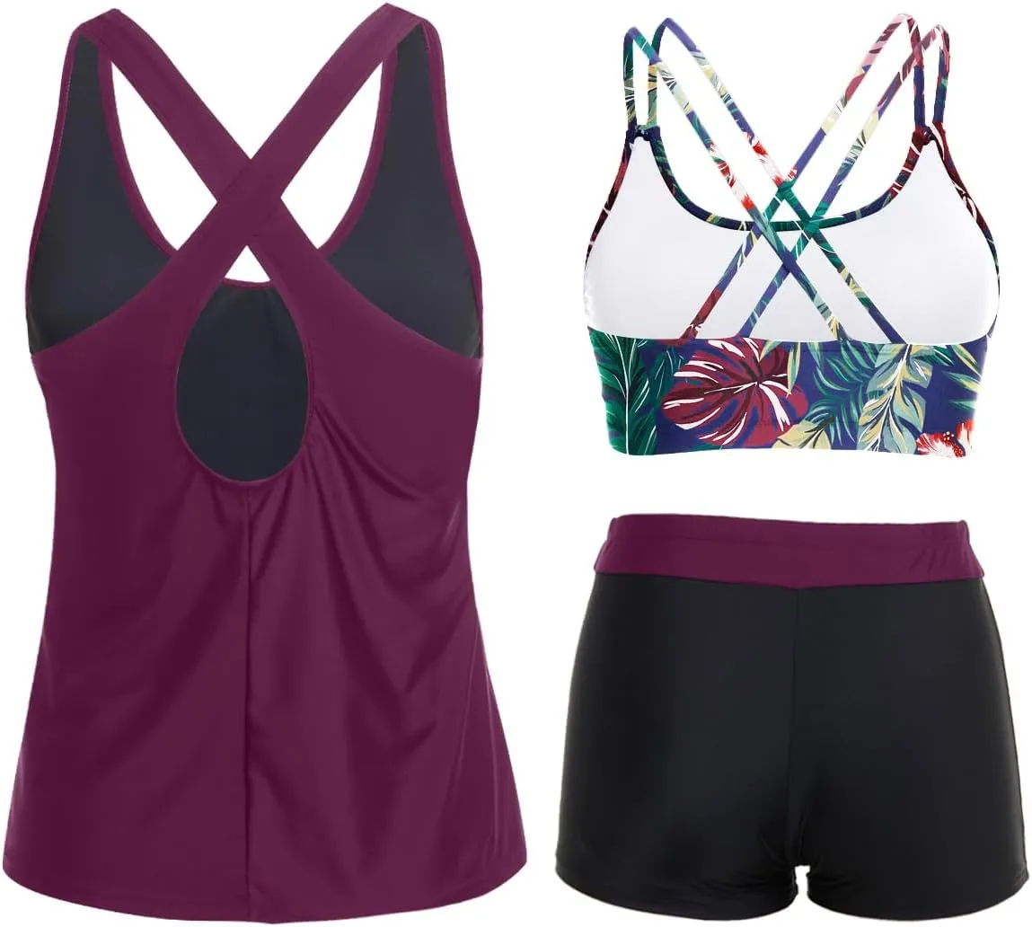 Holipick 3 Piece Tankini Swimsuits for Women Tummy Control Bathing Suits Swim Tank Top with Bra Boy Shorts Teen Swimwear