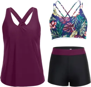 Holipick 3 Piece Tankini Swimsuits for Women Tummy Control Bathing Suits Swim Tank Top with Bra Boy Shorts Teen Swimwear