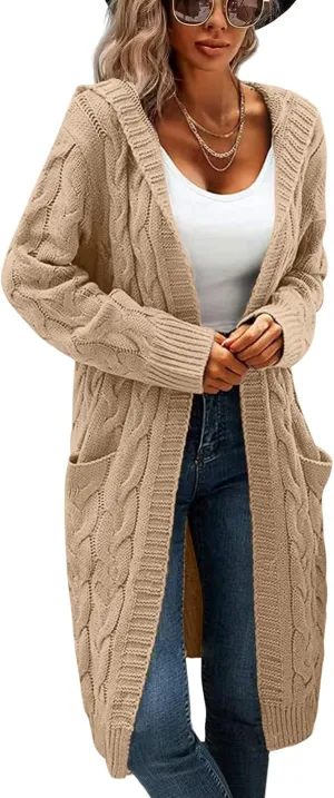 Hooded Open Front Cardigan Sweaters for Women Oversized Cable Knit Sweaters Chunky Pocketed Trendy Long Cardigans Khaki, Small
