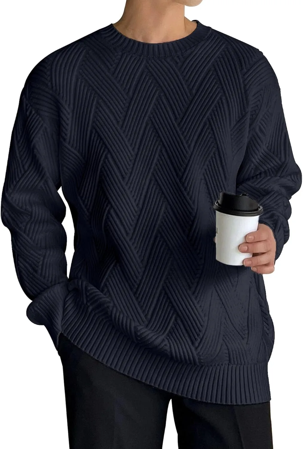 HOTake Men's Crewneck Sweaters Casual Textured Pullover Sweaters with Diagonal Jacquard Pattern