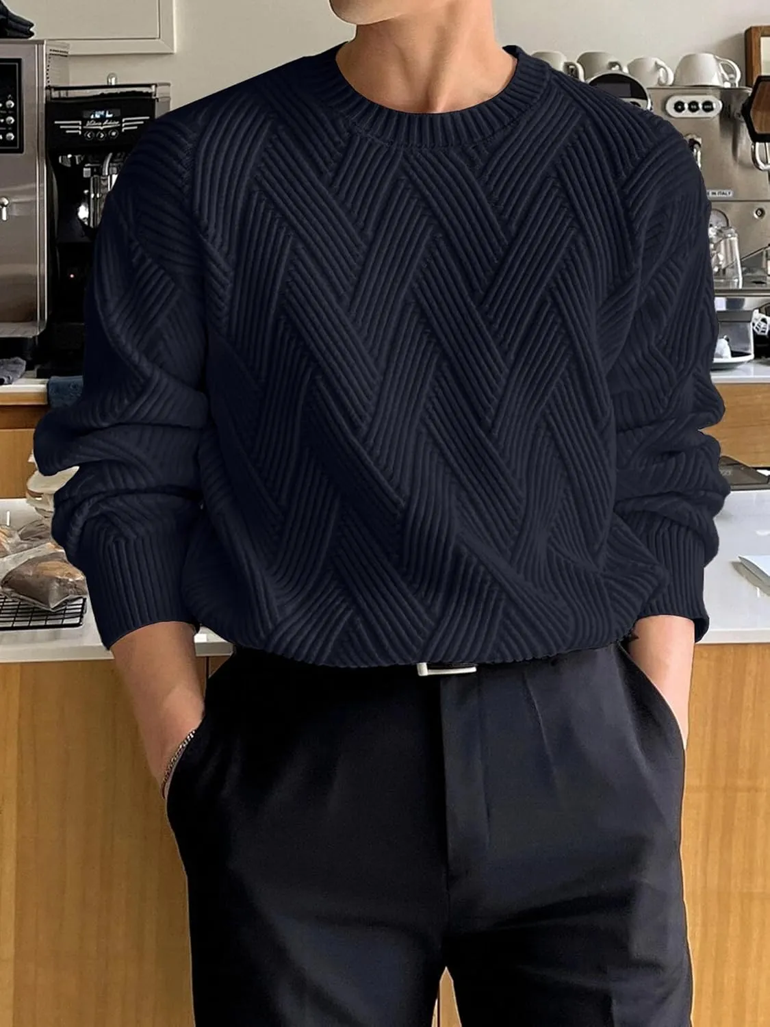 HOTake Men's Crewneck Sweaters Casual Textured Pullover Sweaters with Diagonal Jacquard Pattern