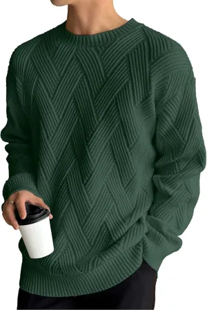 HOTake Men's Crewneck Sweaters Casual Textured Pullover Sweaters with Diagonal Jacquard Pattern