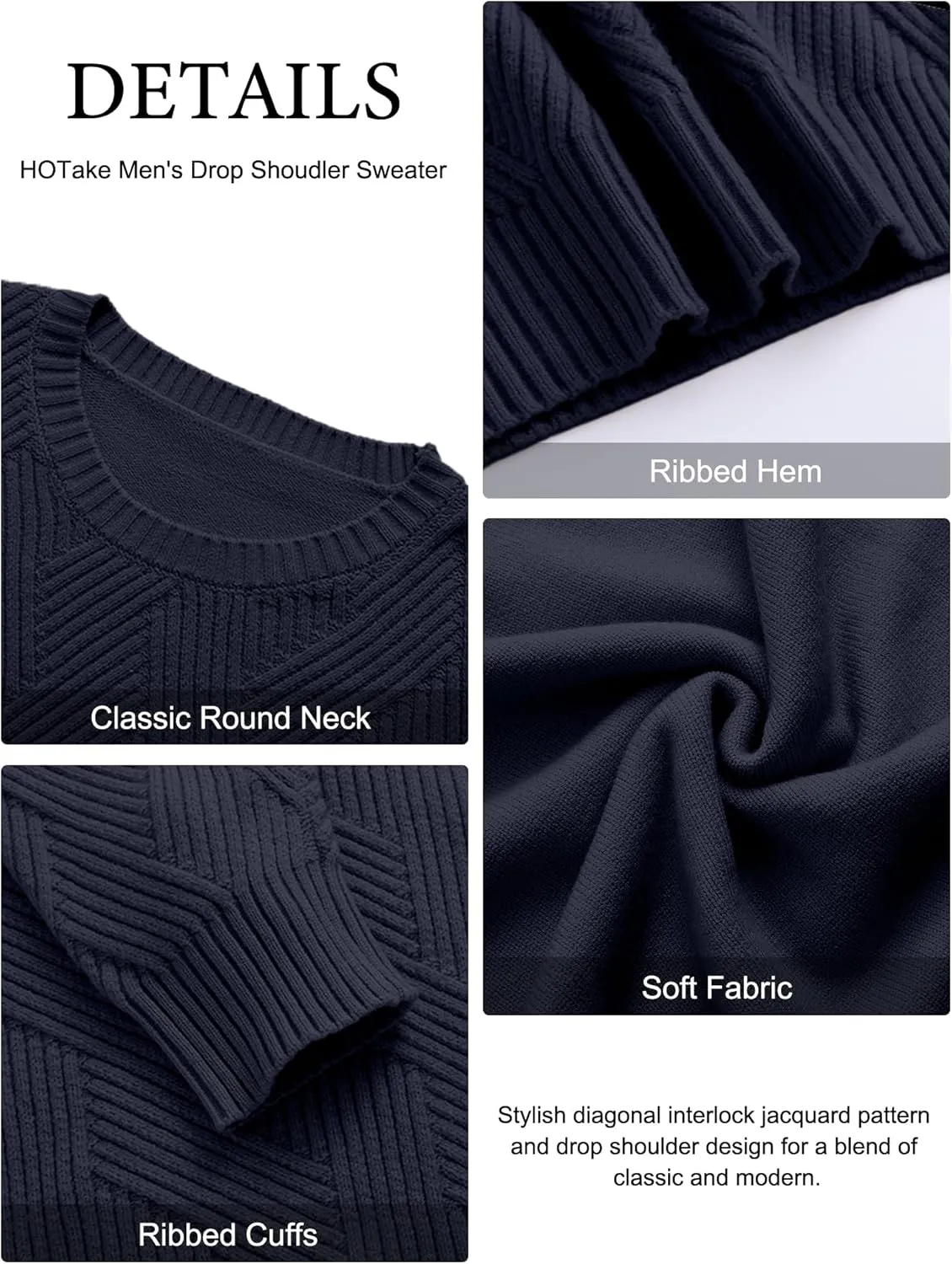 HOTake Men's Crewneck Sweaters Casual Textured Pullover Sweaters with Diagonal Jacquard Pattern