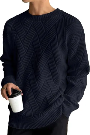 HOTake Men's Crewneck Sweaters Casual Textured Pullover Sweaters with Diagonal Jacquard Pattern