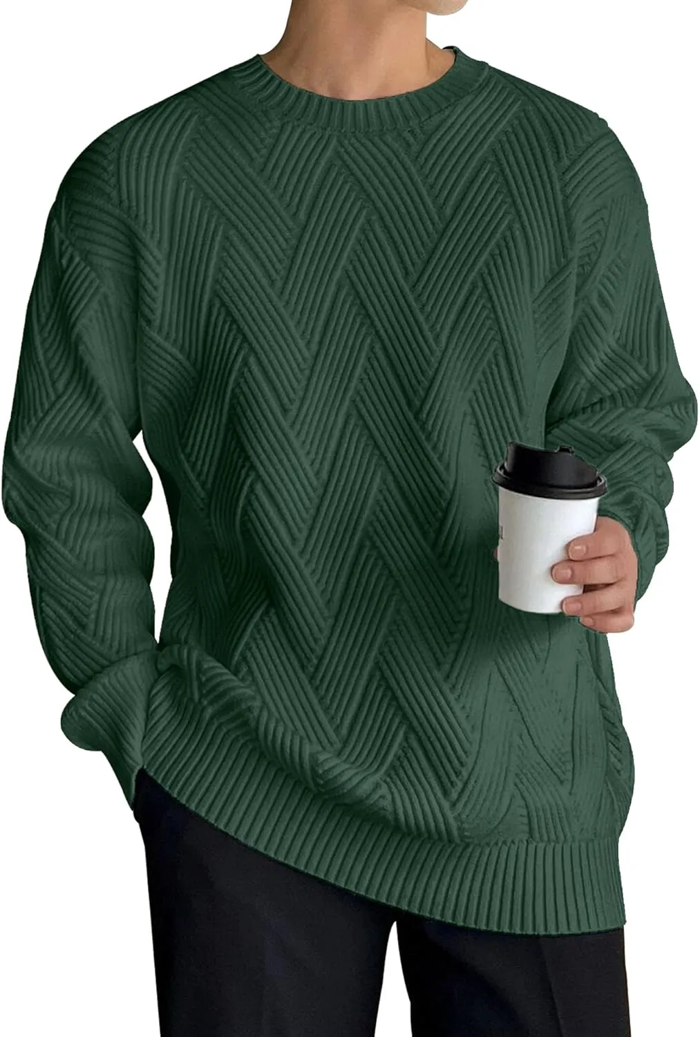HOTake Men's Crewneck Sweaters Casual Textured Pullover Sweaters with Diagonal Jacquard Pattern