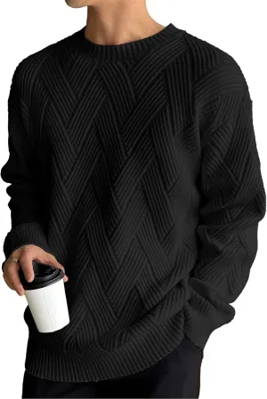 HOTake Men's Crewneck Sweaters Casual Textured Pullover Sweaters with Diagonal Jacquard Pattern
