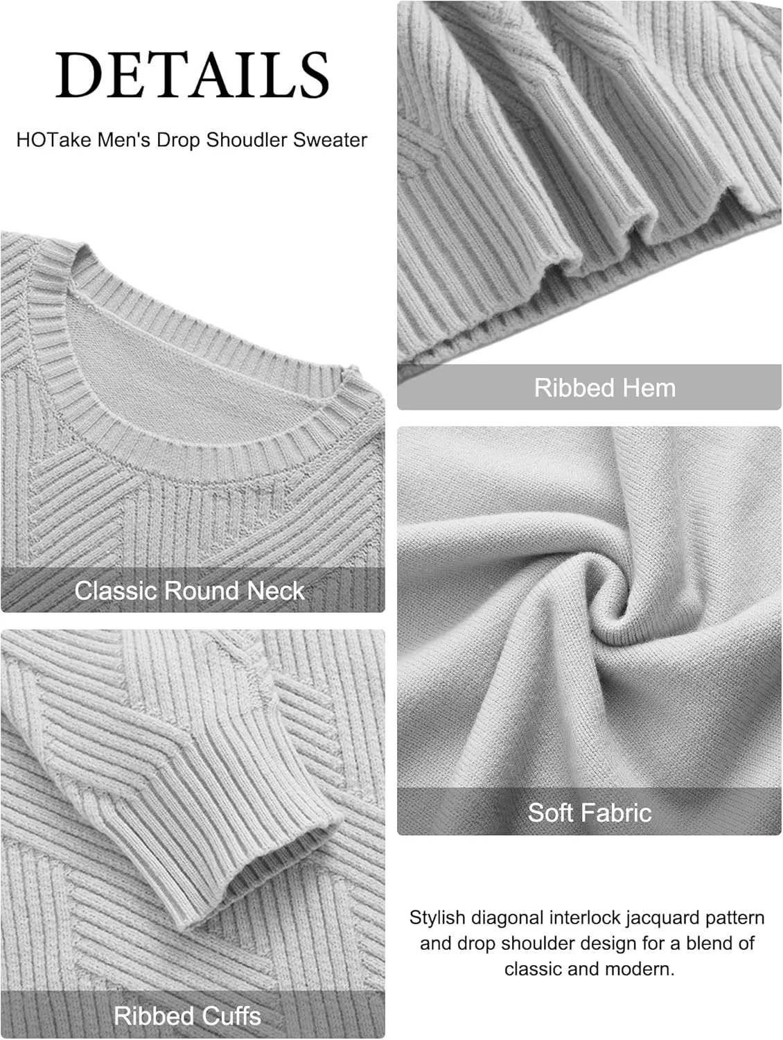 HOTake Men's Crewneck Sweaters Casual Textured Pullover Sweaters with Diagonal Jacquard Pattern