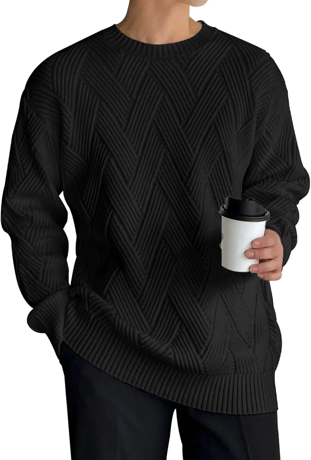 HOTake Men's Crewneck Sweaters Casual Textured Pullover Sweaters with Diagonal Jacquard Pattern
