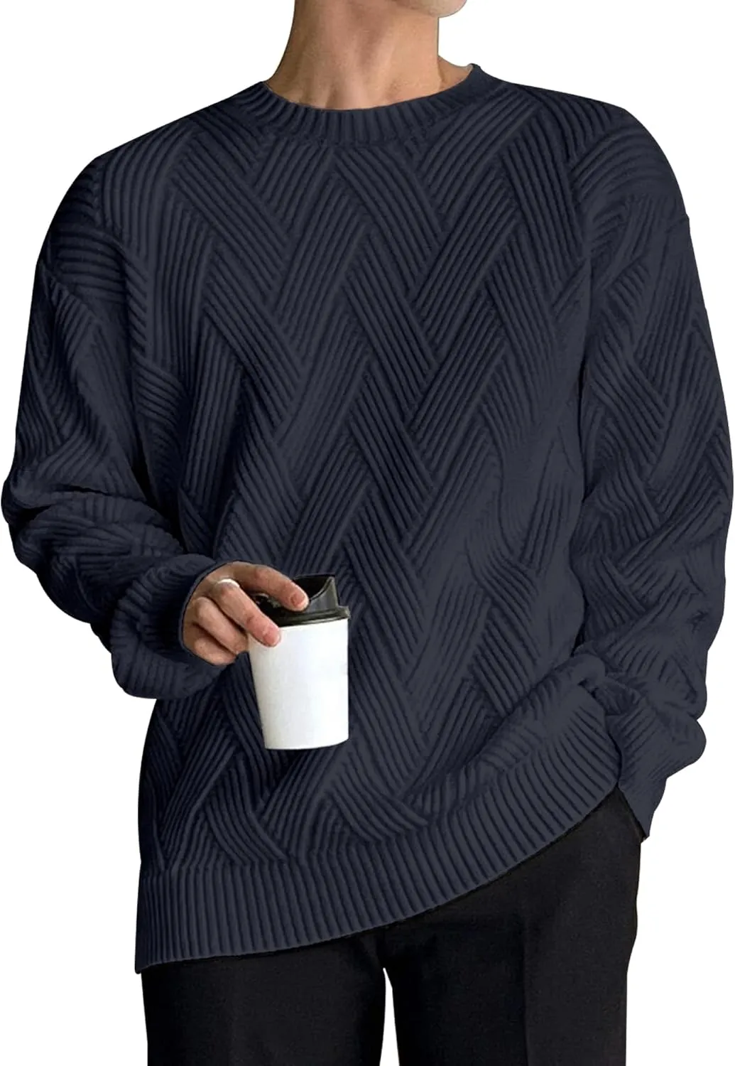HOTake Men's Crewneck Sweaters Casual Textured Pullover Sweaters with Diagonal Jacquard Pattern
