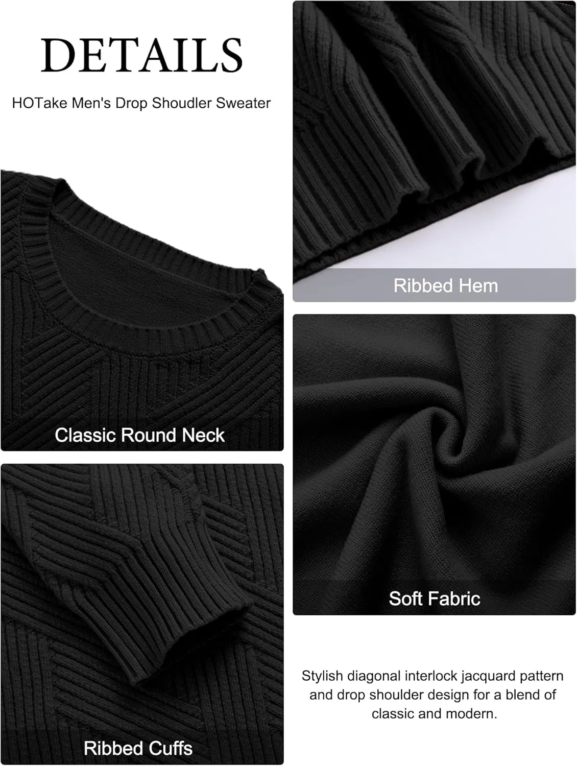 HOTake Men's Crewneck Sweaters Casual Textured Pullover Sweaters with Diagonal Jacquard Pattern