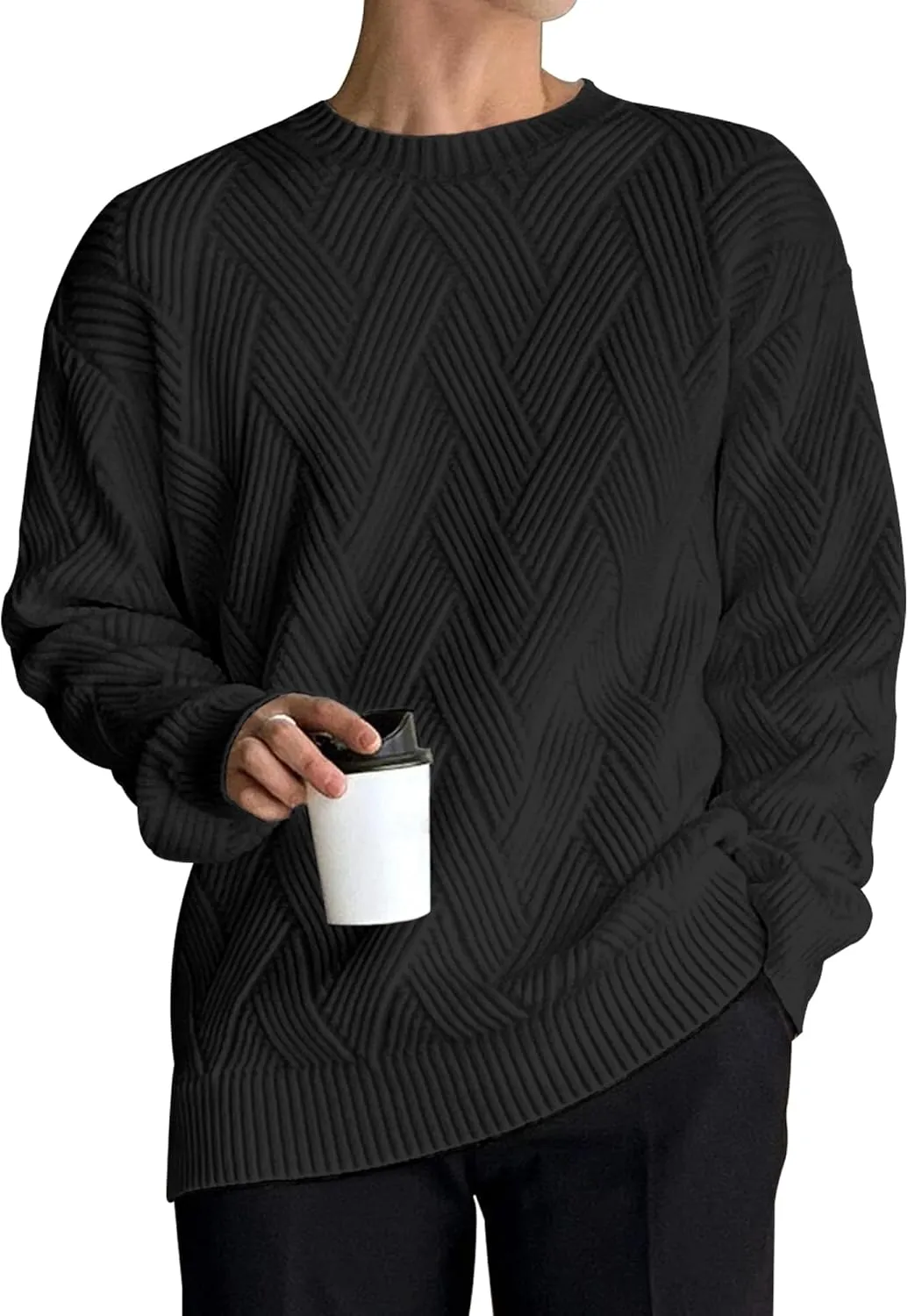 HOTake Men's Crewneck Sweaters Casual Textured Pullover Sweaters with Diagonal Jacquard Pattern