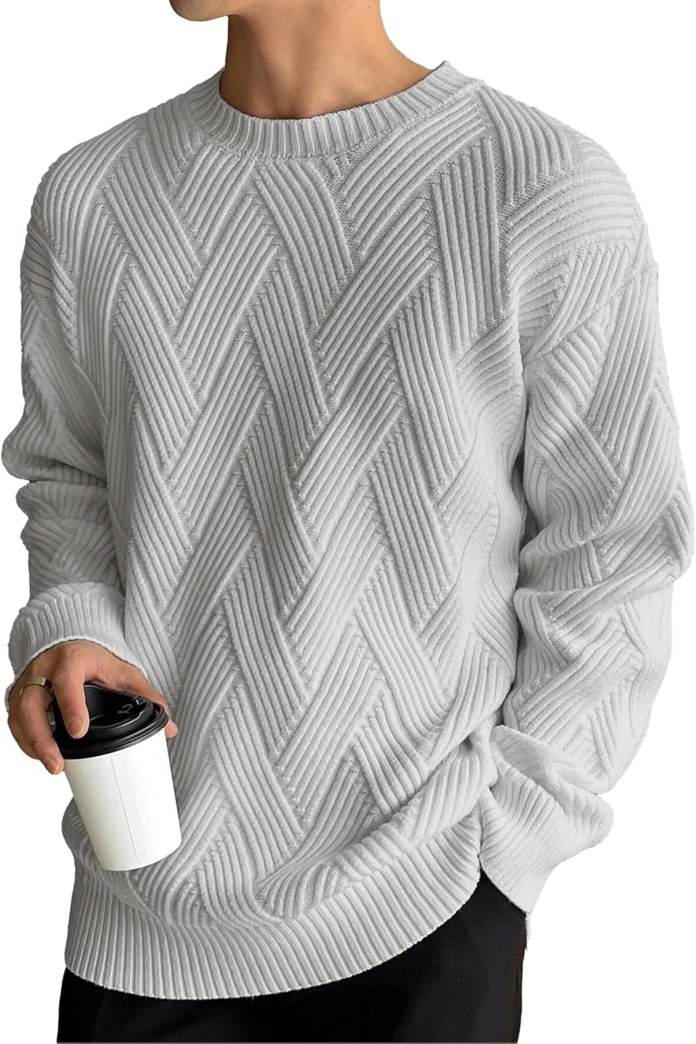 HOTake Men's Crewneck Sweaters Casual Textured Pullover Sweaters with Diagonal Jacquard Pattern