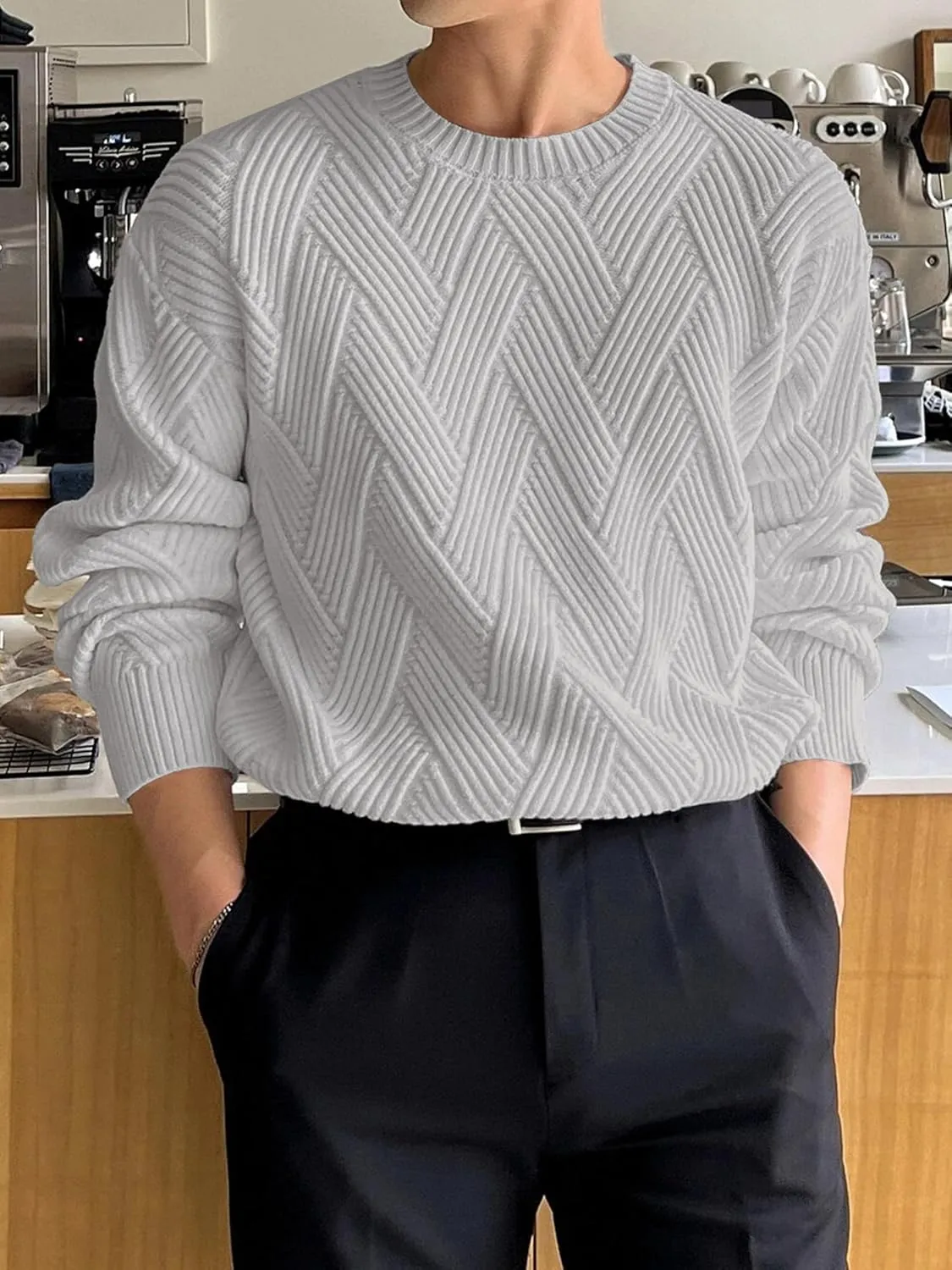 HOTake Men's Crewneck Sweaters Casual Textured Pullover Sweaters with Diagonal Jacquard Pattern