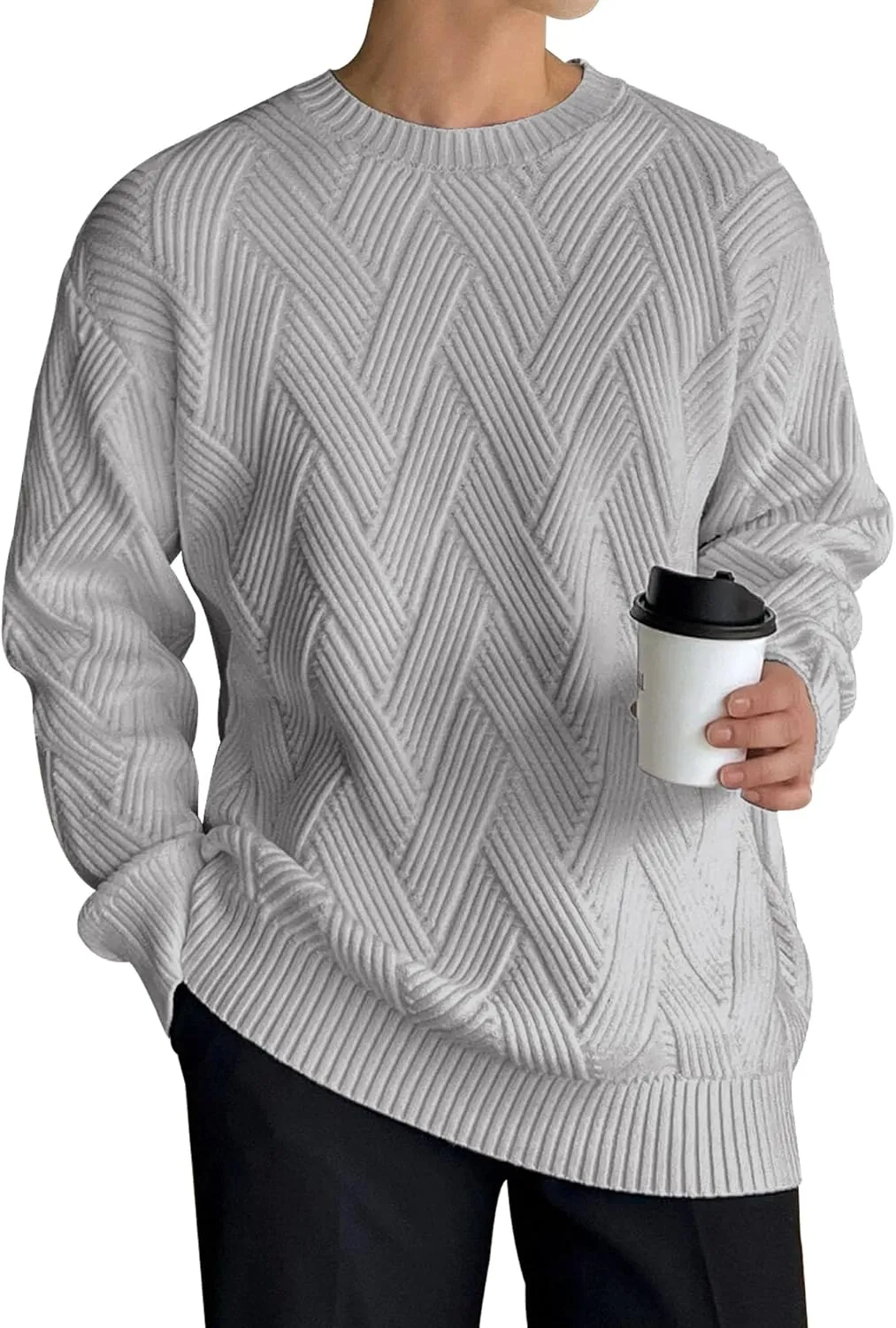 HOTake Men's Crewneck Sweaters Casual Textured Pullover Sweaters with Diagonal Jacquard Pattern