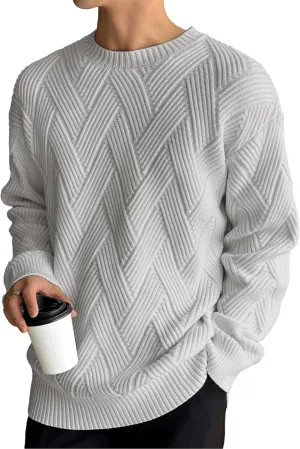 HOTake Men's Crewneck Sweaters Casual Textured Pullover Sweaters with Diagonal Jacquard Pattern
