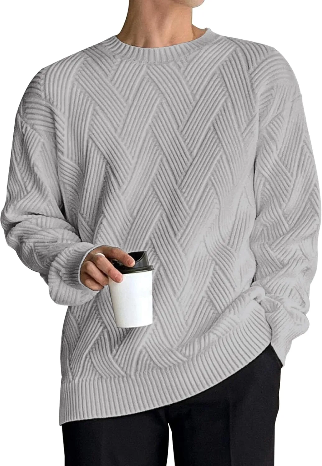 HOTake Men's Crewneck Sweaters Casual Textured Pullover Sweaters with Diagonal Jacquard Pattern