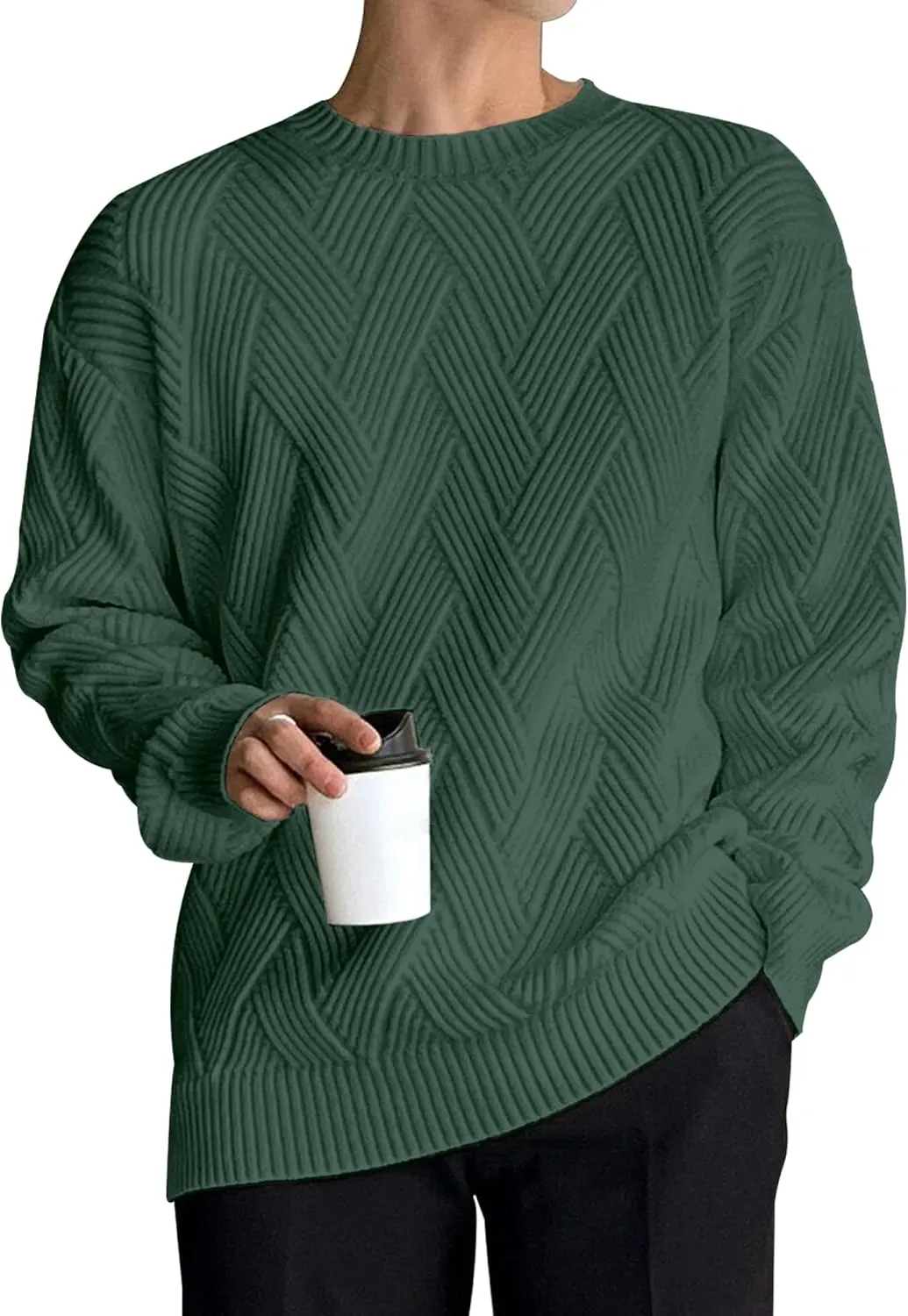 HOTake Men's Crewneck Sweaters Casual Textured Pullover Sweaters with Diagonal Jacquard Pattern