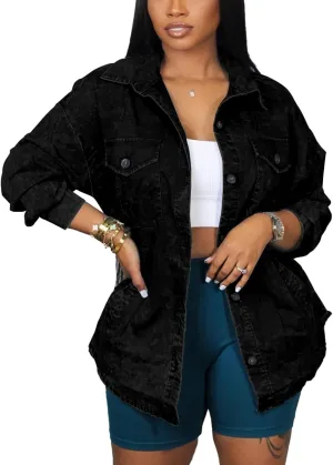HTD Women's Jean Jacket Button Down Long Sleeve Denim Jackets With Pockets Black L