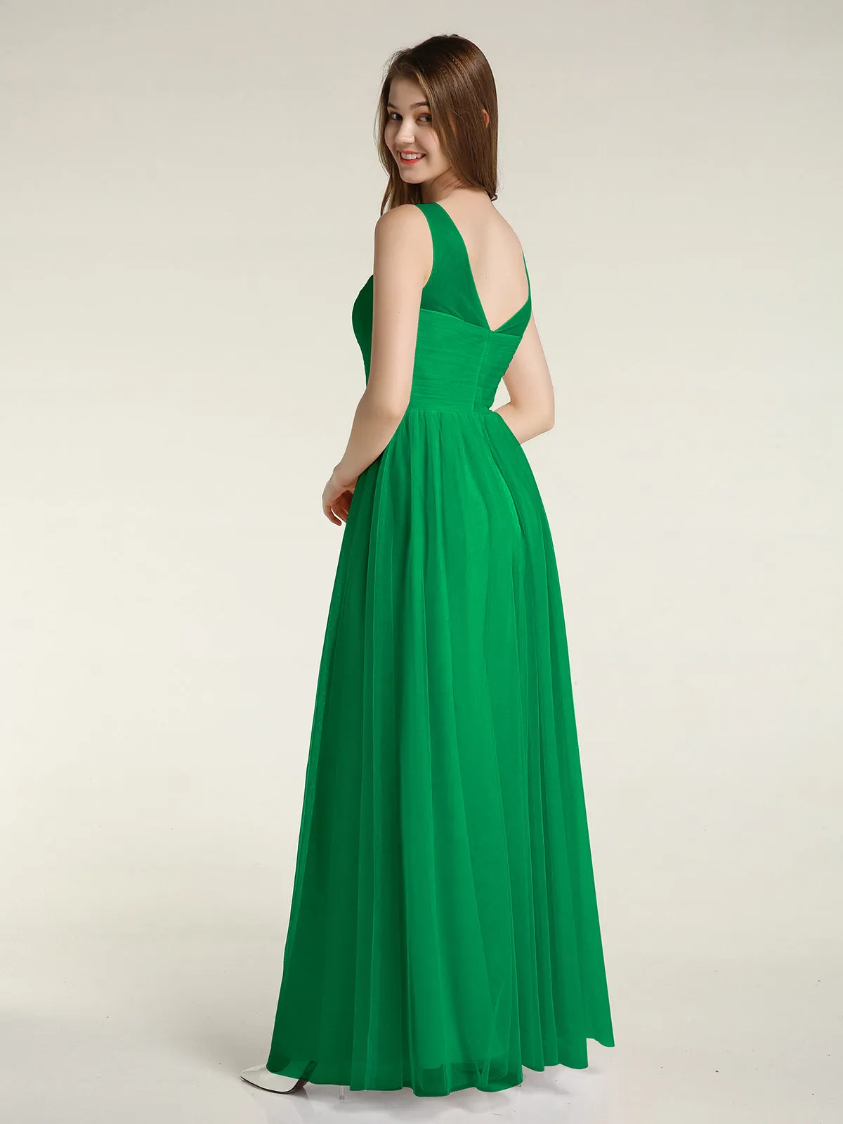 Illusion Neck Cross Tulle Bridesmaid Dresses-Emerald