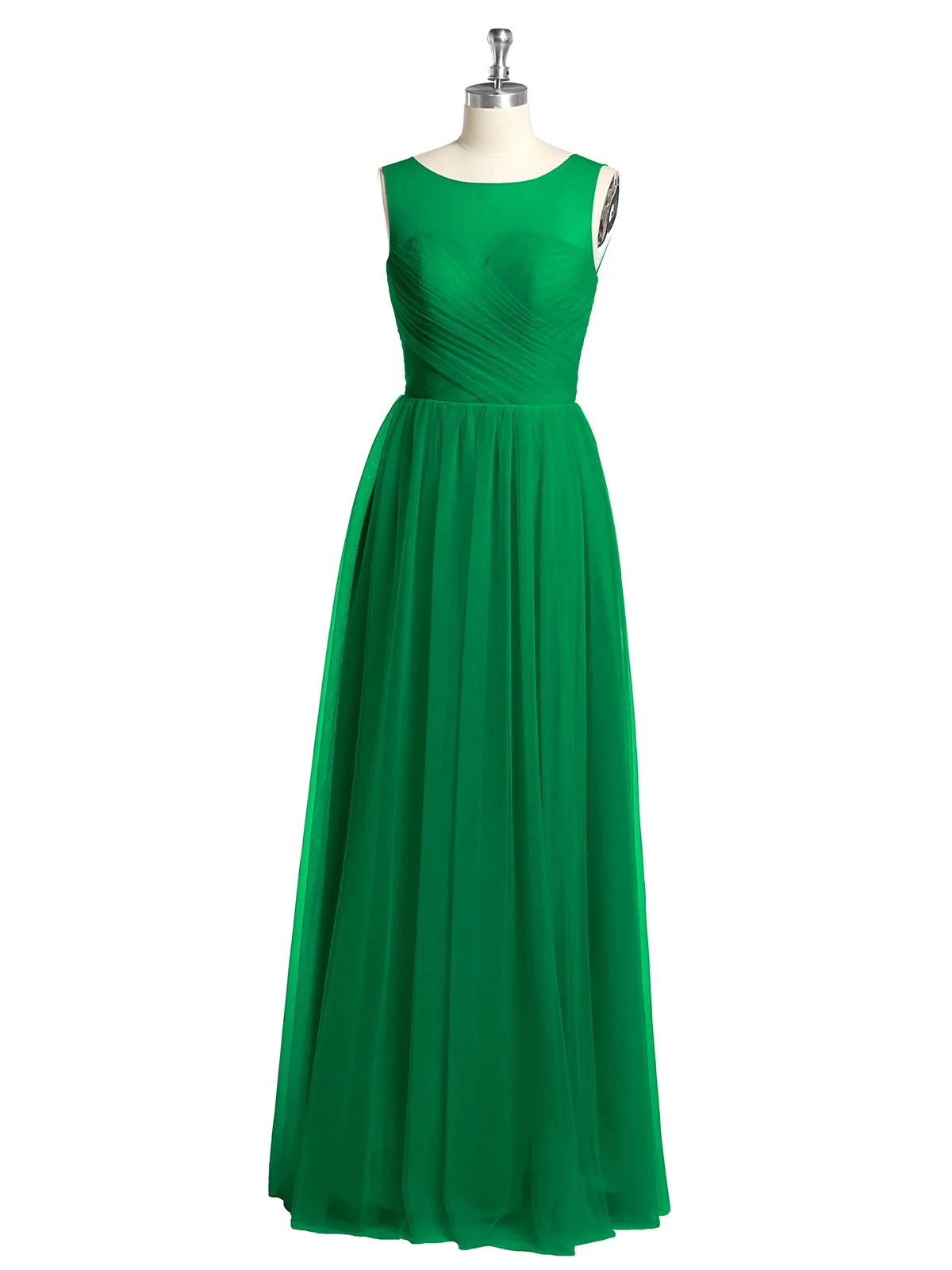 Illusion Neck Cross Tulle Bridesmaid Dresses-Emerald
