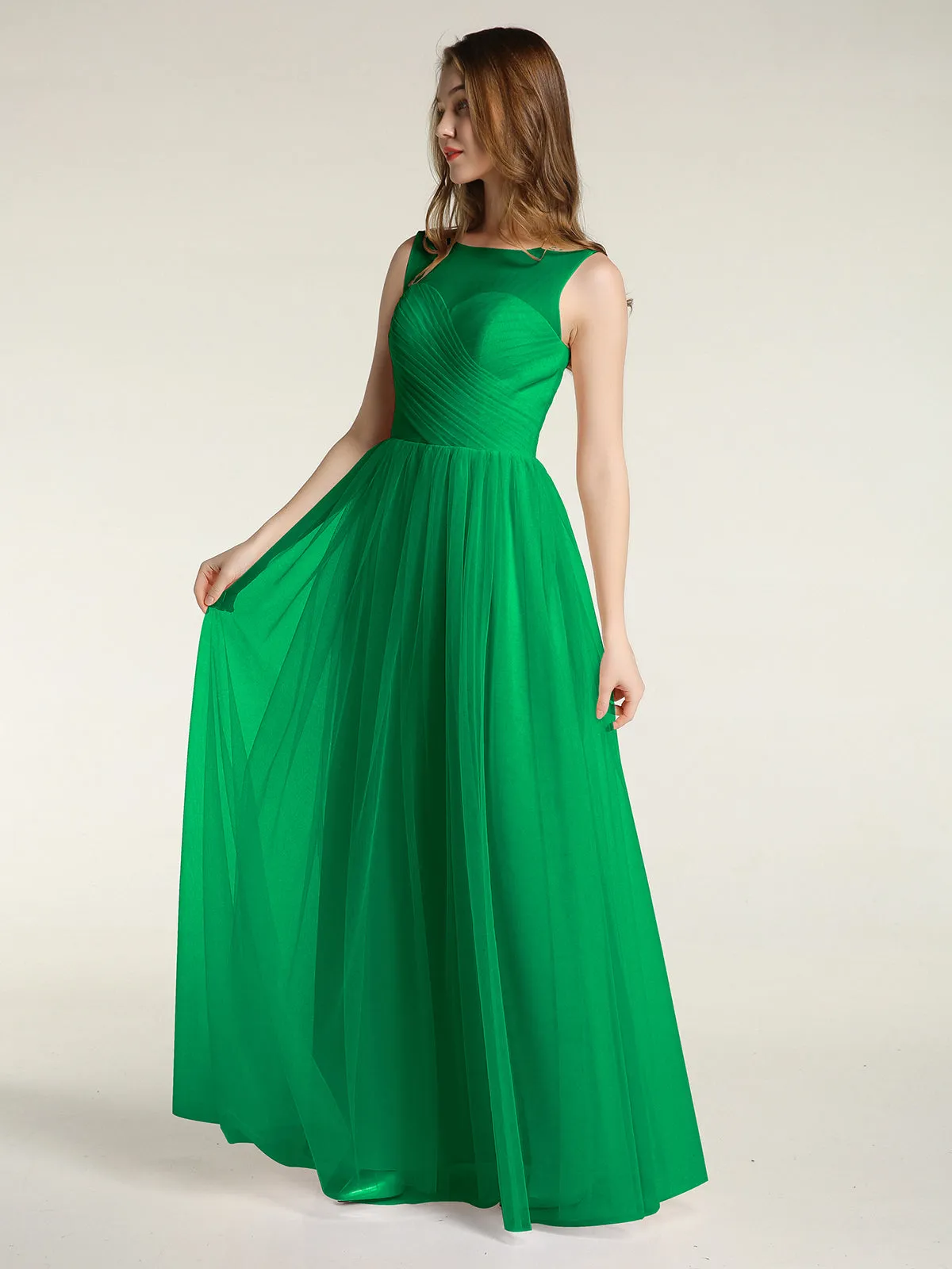 Illusion Neck Cross Tulle Bridesmaid Dresses-Emerald
