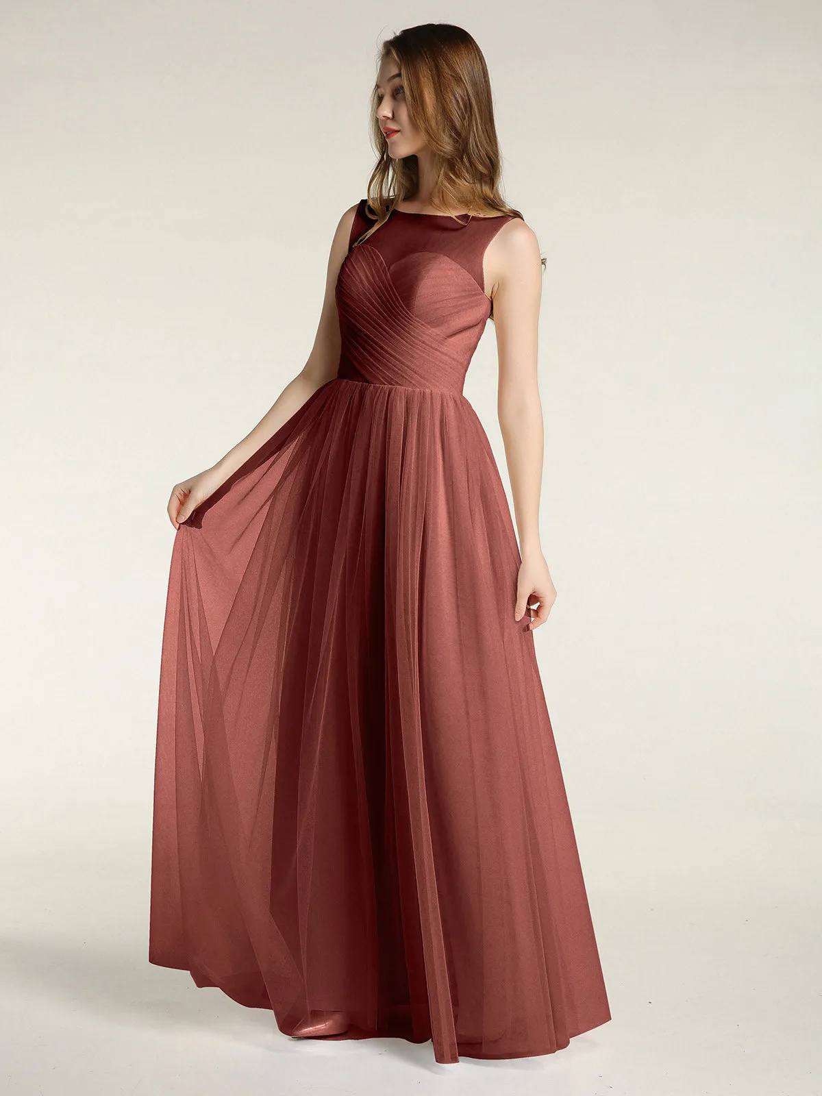 Illusion Neck Cross Tulle Bridesmaid Dresses-Terracotta Plus Size
