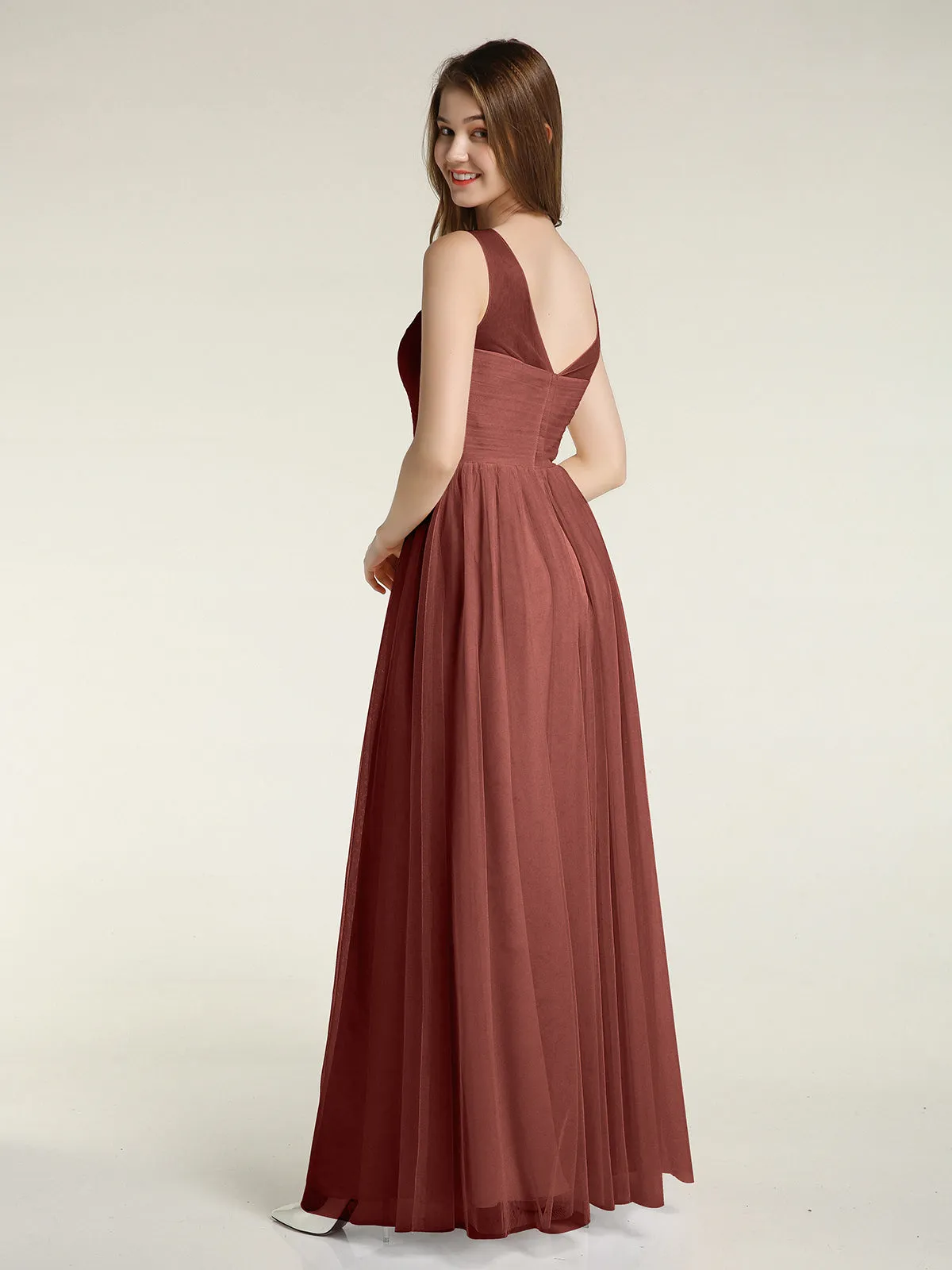 Illusion Neck Cross Tulle Bridesmaid Dresses-Terracotta Plus Size