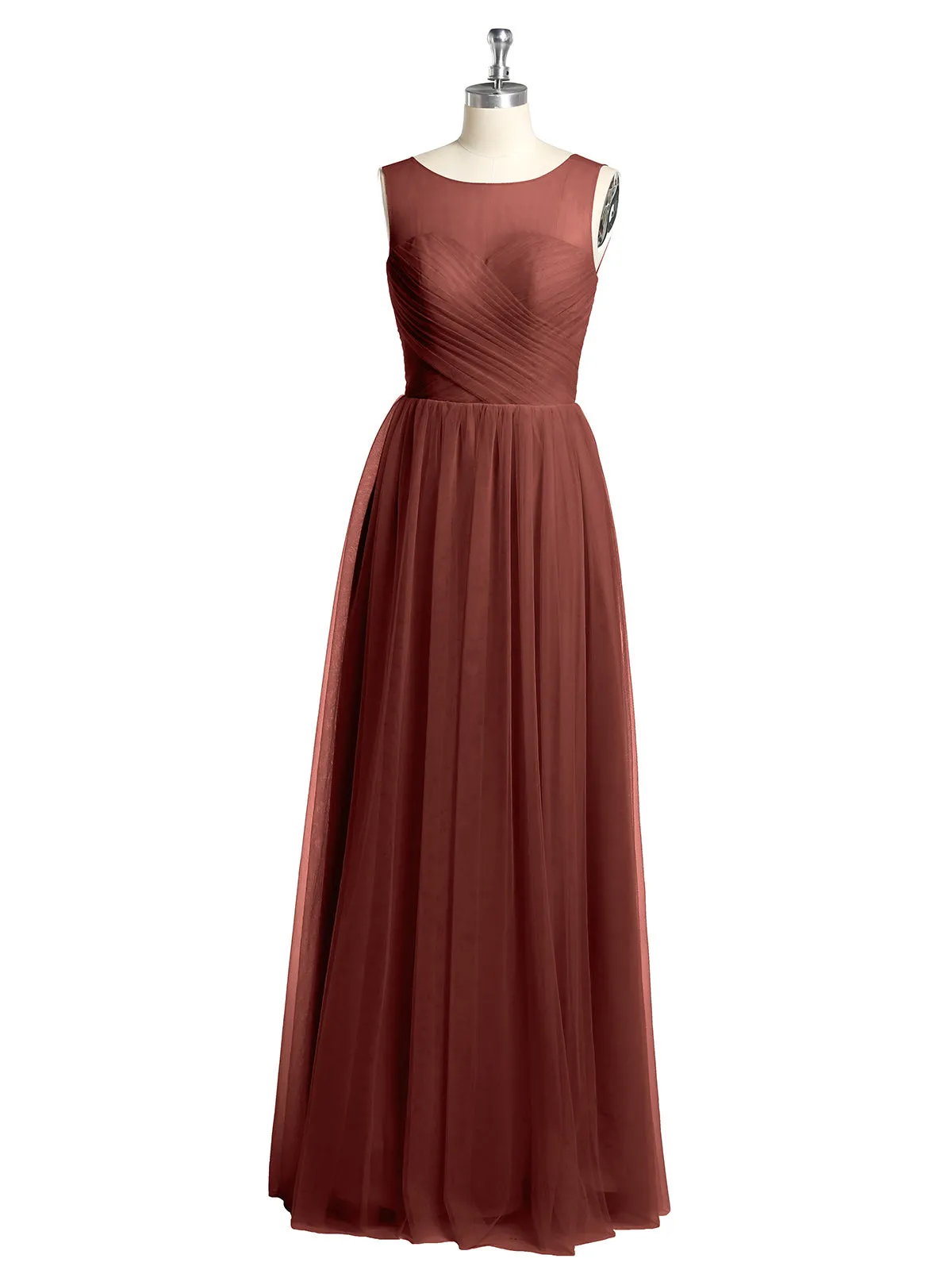 Illusion Neck Cross Tulle Bridesmaid Dresses-Terracotta Plus Size
