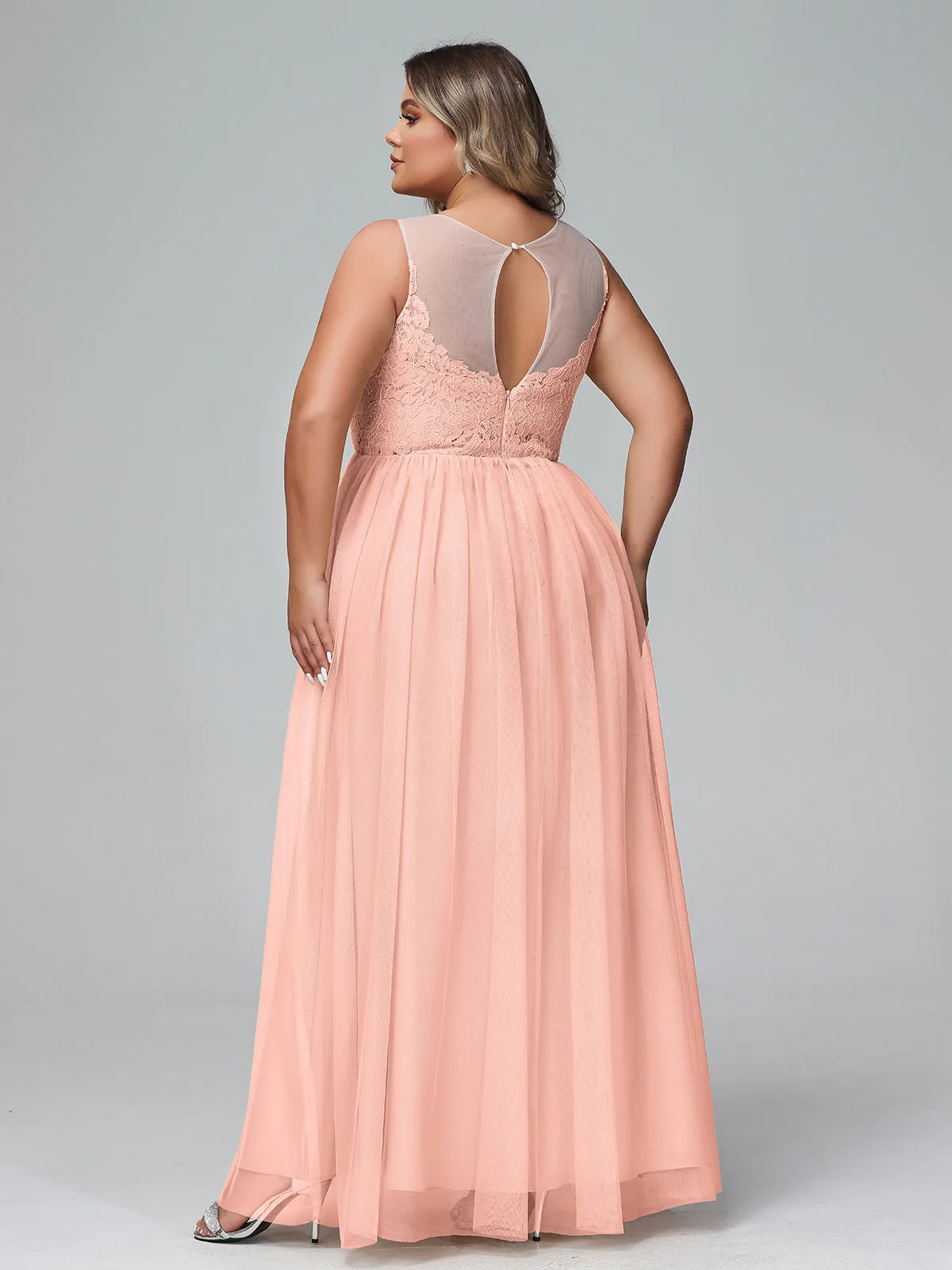 Illusion Neckline Lace and Tulle Maxi Dress-Coral Plus Size