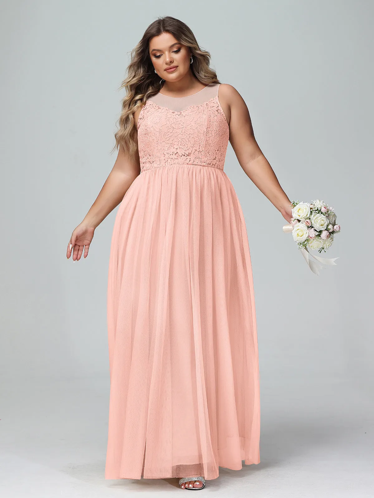 Illusion Neckline Lace and Tulle Maxi Dress-Coral Plus Size